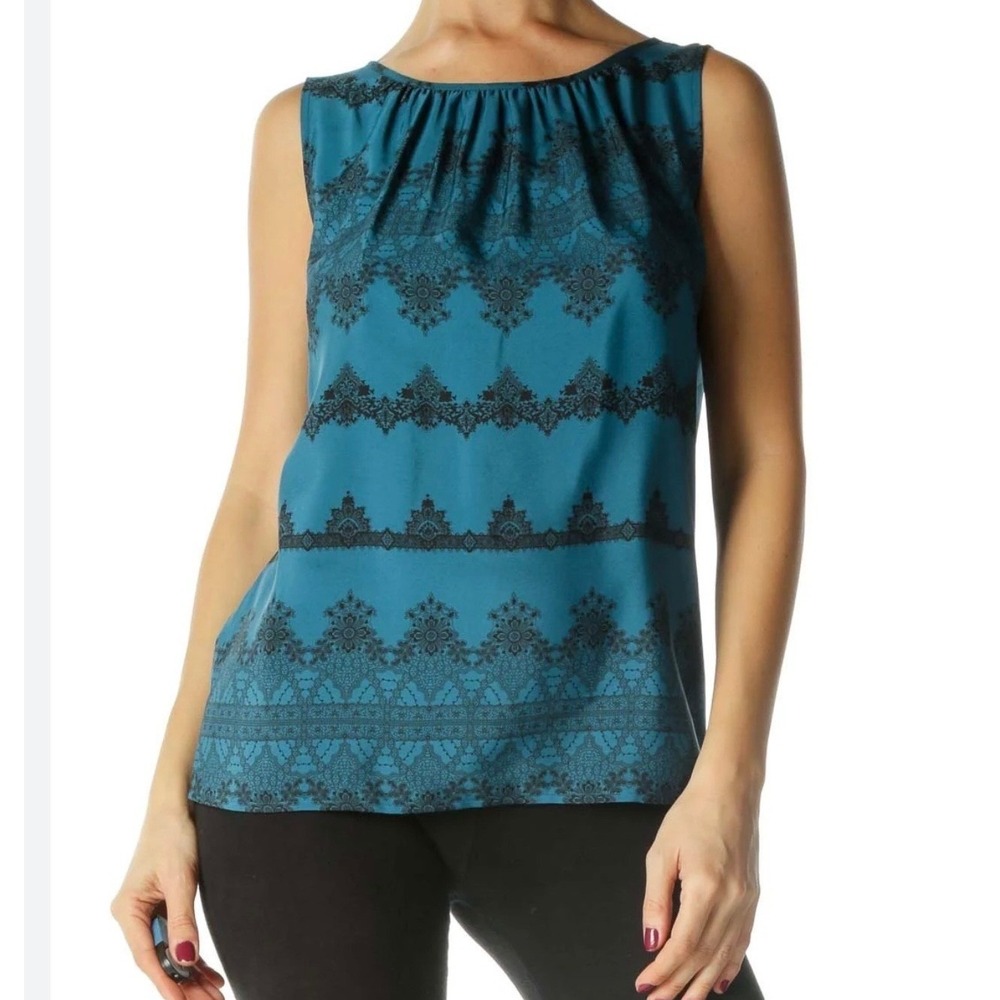 Loft Blue Black Mandala Scroll Sleeveless Top Size Medium Boho Dressy Workwear